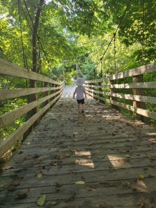 Toddler crossing Big Bone Lick's suspension bridge over creek