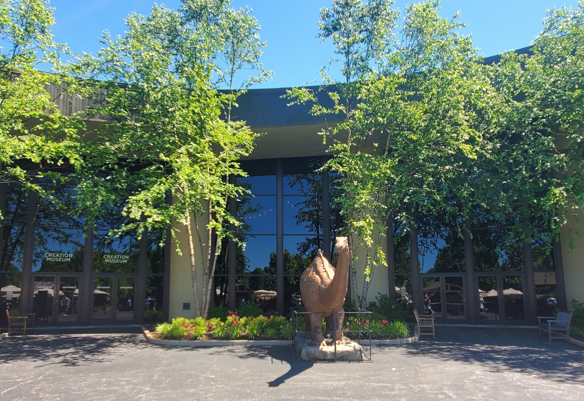 dinosaur statue at the entrance of the creation museum