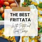 a collection of images displaying the ingredients for frittata and cooked frittata ready to be enjoyed