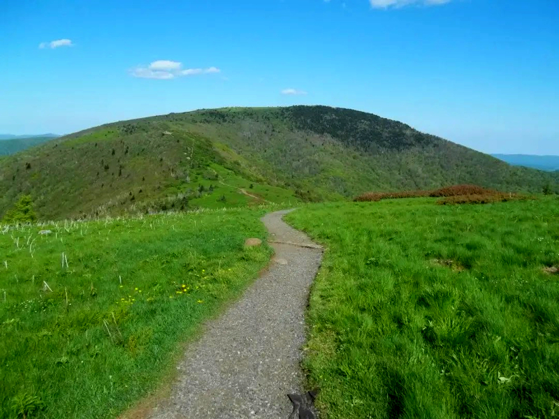 a rocky trail leads upward toward a green, grassy summit