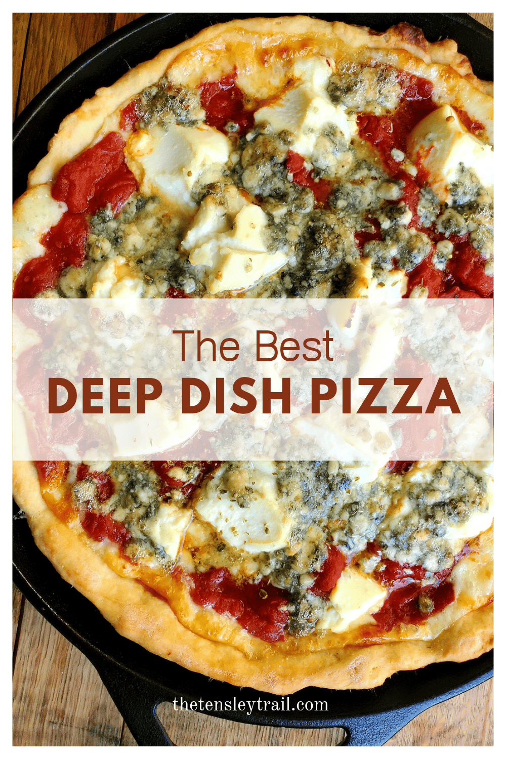 The Best deep dish pizza hot out of the oven and topped with ricotta and blue cheese