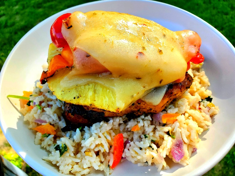 tropical grilled chicken on a bed of rice