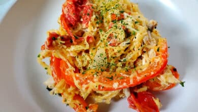 Spaghetti Squash Feta Bake on a plate ready to eat