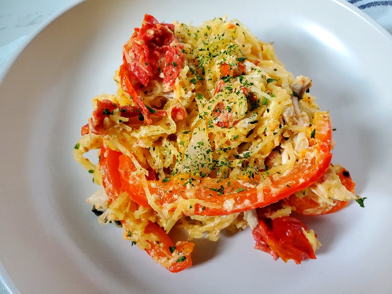 Spaghetti Squash Feta Bake on a plate ready to eat