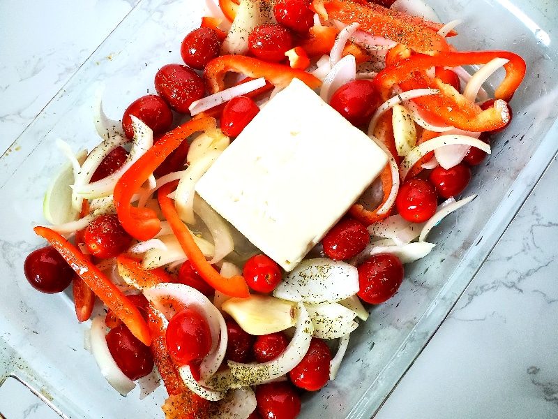 feta block and veggies ready to roast