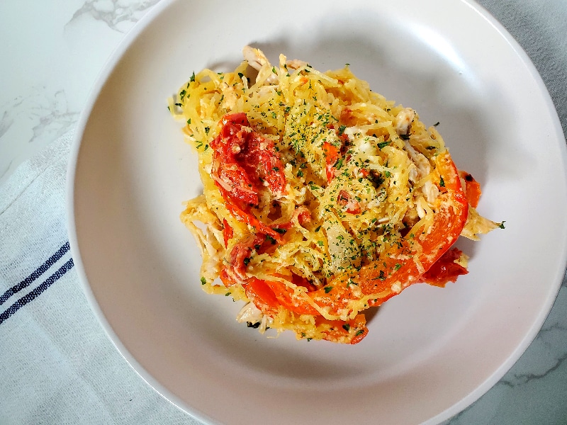 Spaghetti Squash Feta Bake on a plate ready to eat